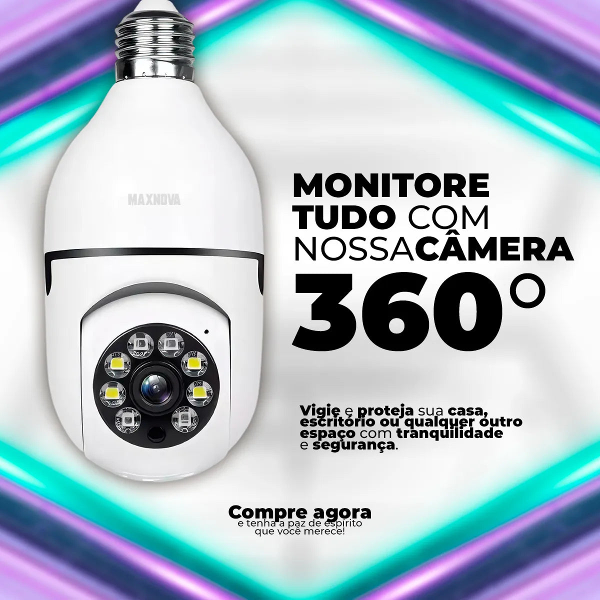 Câmera Lâmpada Panorâmica Maxnova Wi-Fi 1080p Sensor Movimento 355º Visão Noturna