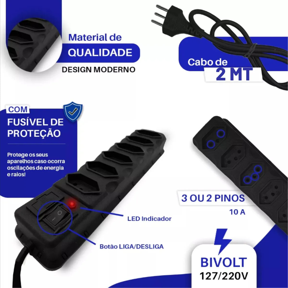 Régua Extensão Elétrica 6 Tomadas Filtro Linha 10a Cabo 2 MetrosRégua Extensão Elétrica