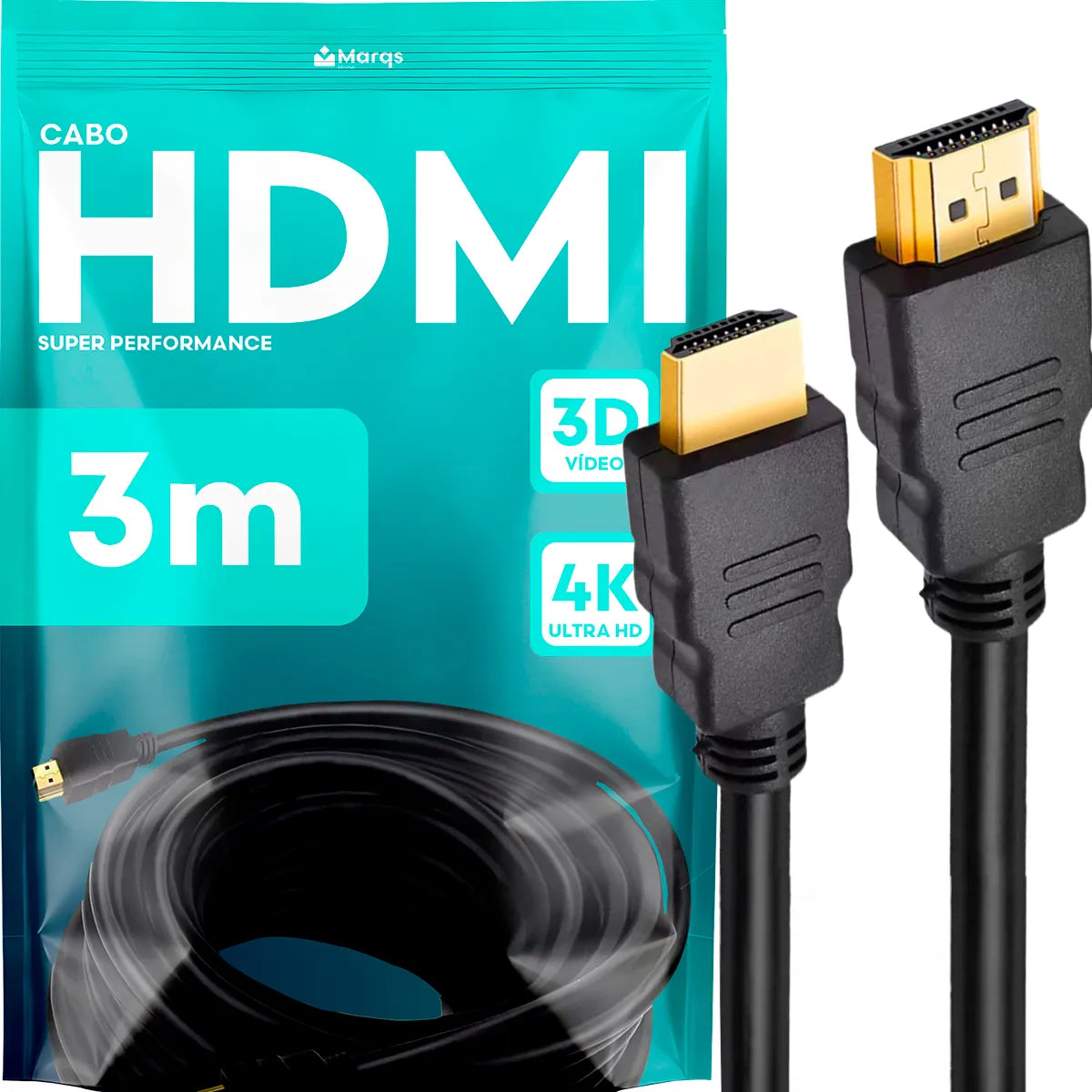 Cabo HDMI 3m Gold Ultra High Speed 4K 120Hz Blindado Full HD 3D Premium Marqs Home Compatível com PS5 TV Smart Projetor PCCabo HDMI 3m Gold Ultra High Speed 4K 120Hz
