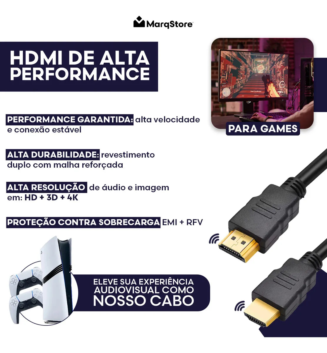 Cabo HDMI 3m Gold Ultra High Speed 4K 120Hz Blindado Full HD 3D Premium Marqs Home Compatível com PS5 TV Smart Projetor PCCabo HDMI 3m Gold Ultra High Speed 4K 120Hz
